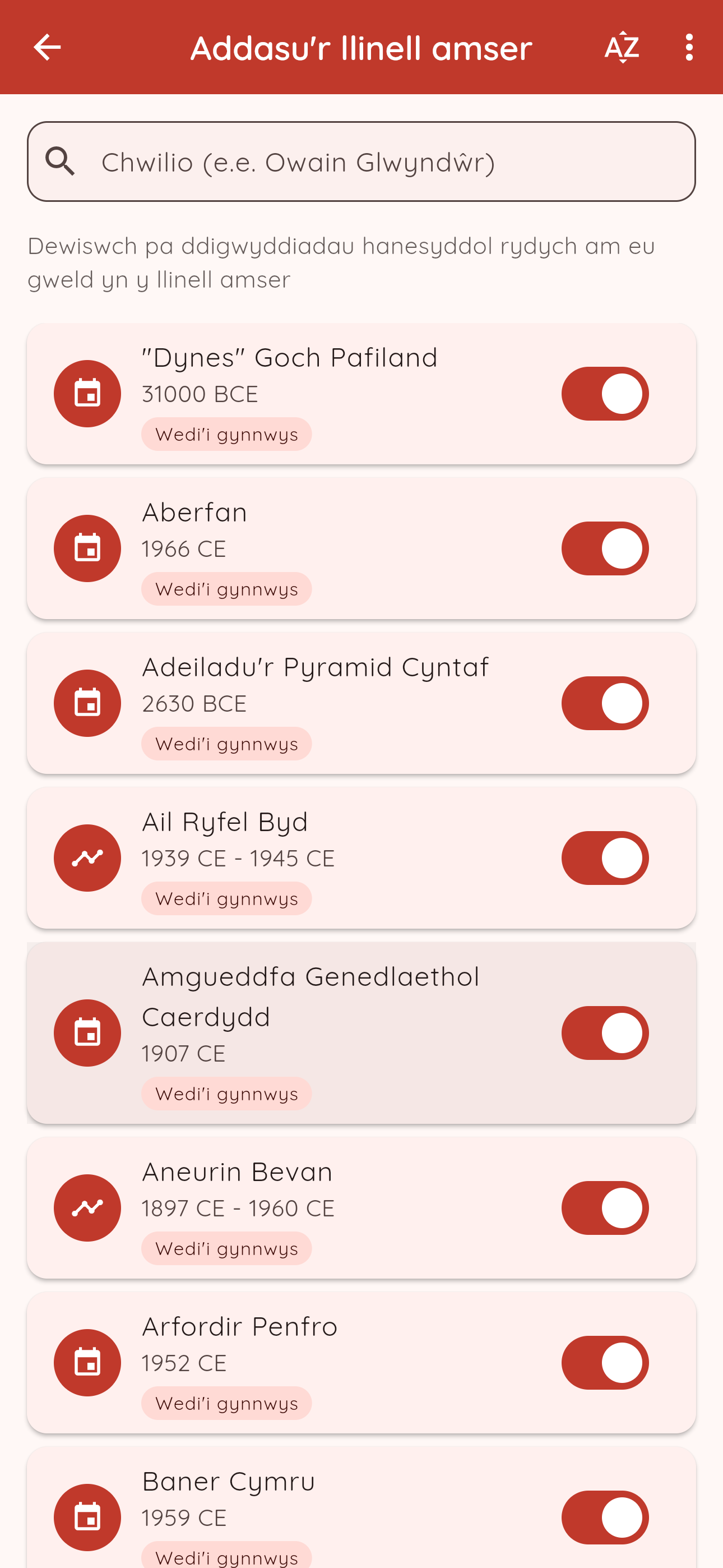 Golwg chwilio ar gyfer dod o hyd i ddigwyddiadau hanesyddol